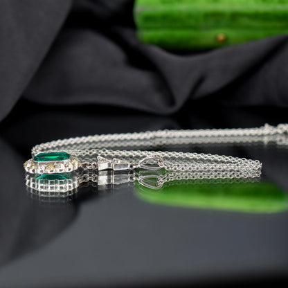 Antique Emerald Cut Paste Silver Pendant and Chain Necklace | 15.5"