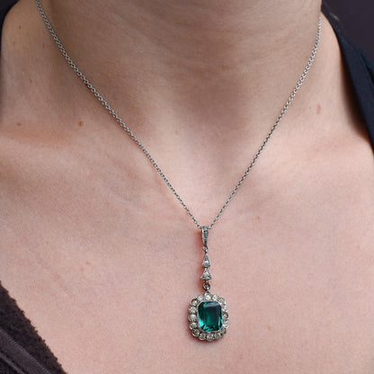 Antique Emerald Cut Paste Silver Pendant and Chain Necklace | 15.5"
