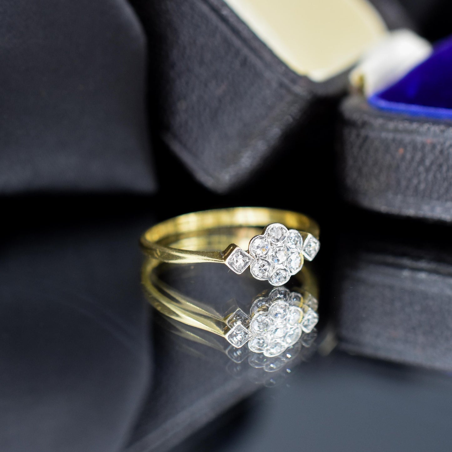 Antique Edwardian Diamond Bezel Cluster Daisy 18ct Yellow Gold and Platinum Ring
