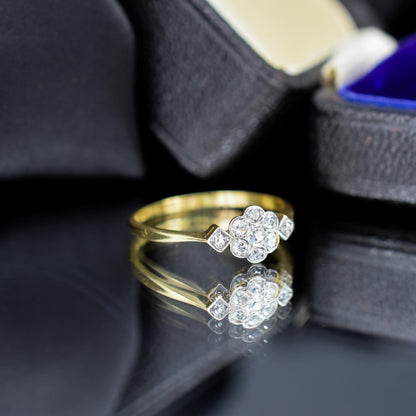 Antique Edwardian Diamond Bezel Cluster Daisy 18ct Yellow Gold and Platinum Ring
