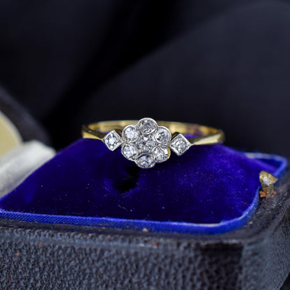 Antique Edwardian Diamond Bezel Cluster Daisy 18ct Yellow Gold and Platinum Ring