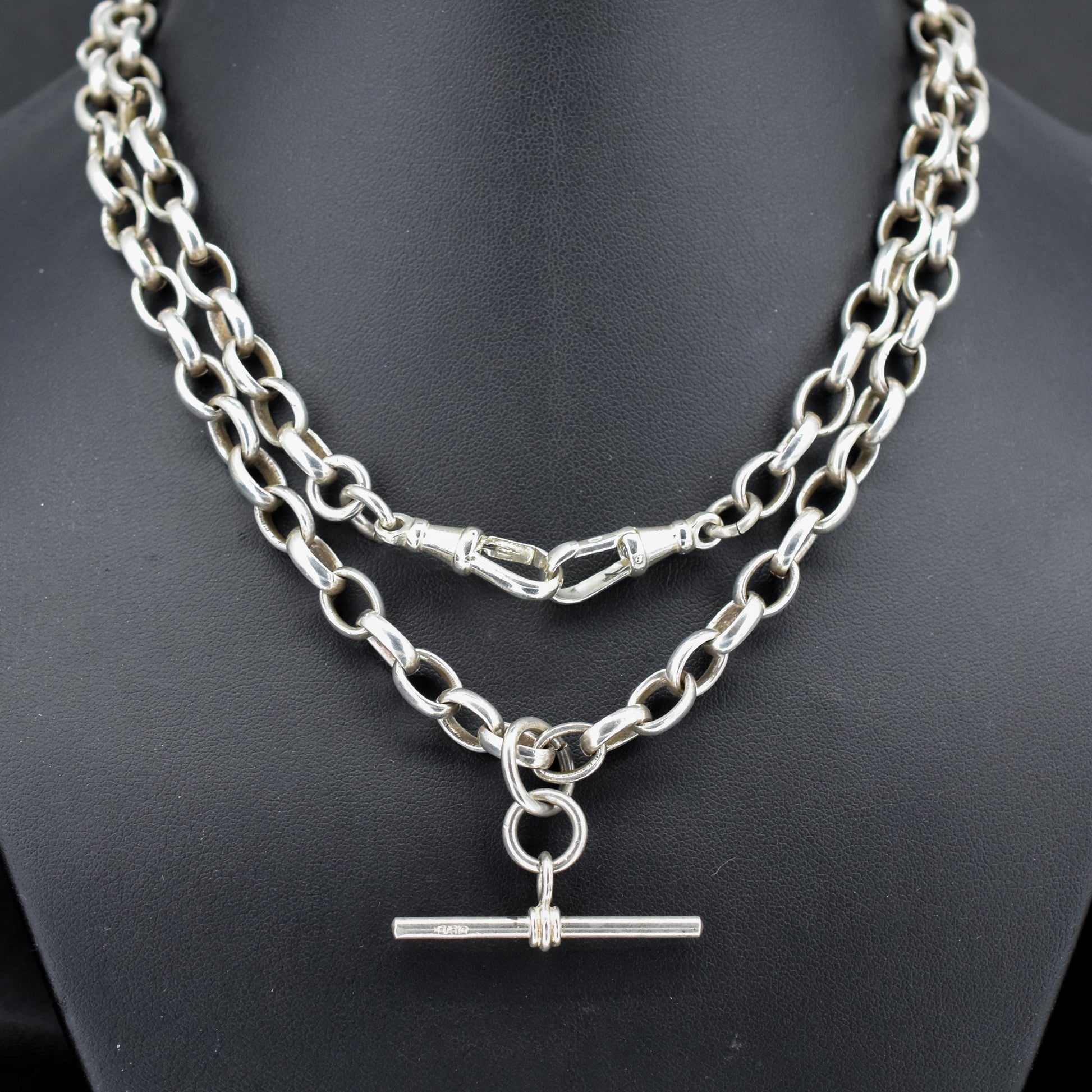 Vintage Sterling Silver Oval Cable Link Chain Necklace with T-Bar and Dog Clips – 32.25"