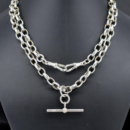 Vintage Sterling Silver Oval Cable Link Chain Necklace with T-Bar and Dog Clips – 32.25"