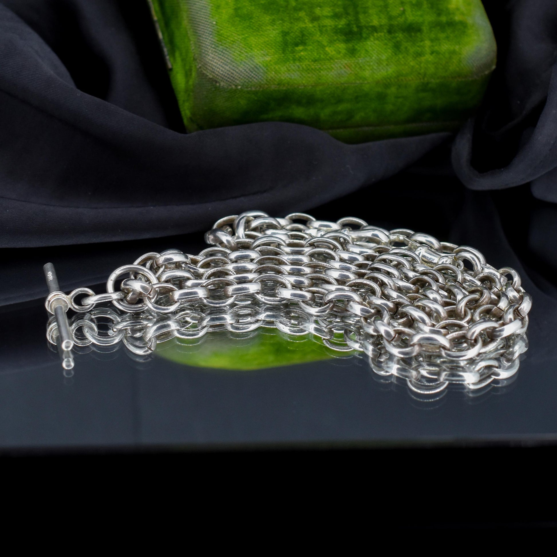 Vintage Sterling Silver Oval Cable Link Chain Necklace with T-Bar and Dog Clips – 32.25"
