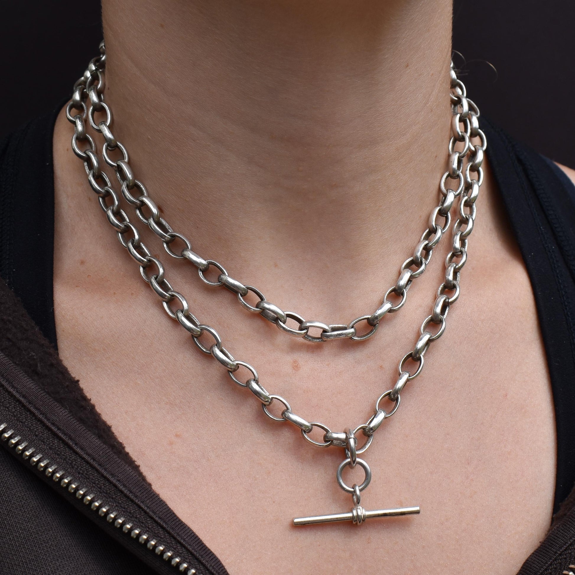 Vintage Sterling Silver Oval Cable Link Chain Necklace with T-Bar and Dog Clips – 32.25"