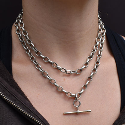 Vintage Sterling Silver Oval Cable Link Chain Necklace with T-Bar and Dog Clips – 32.25"