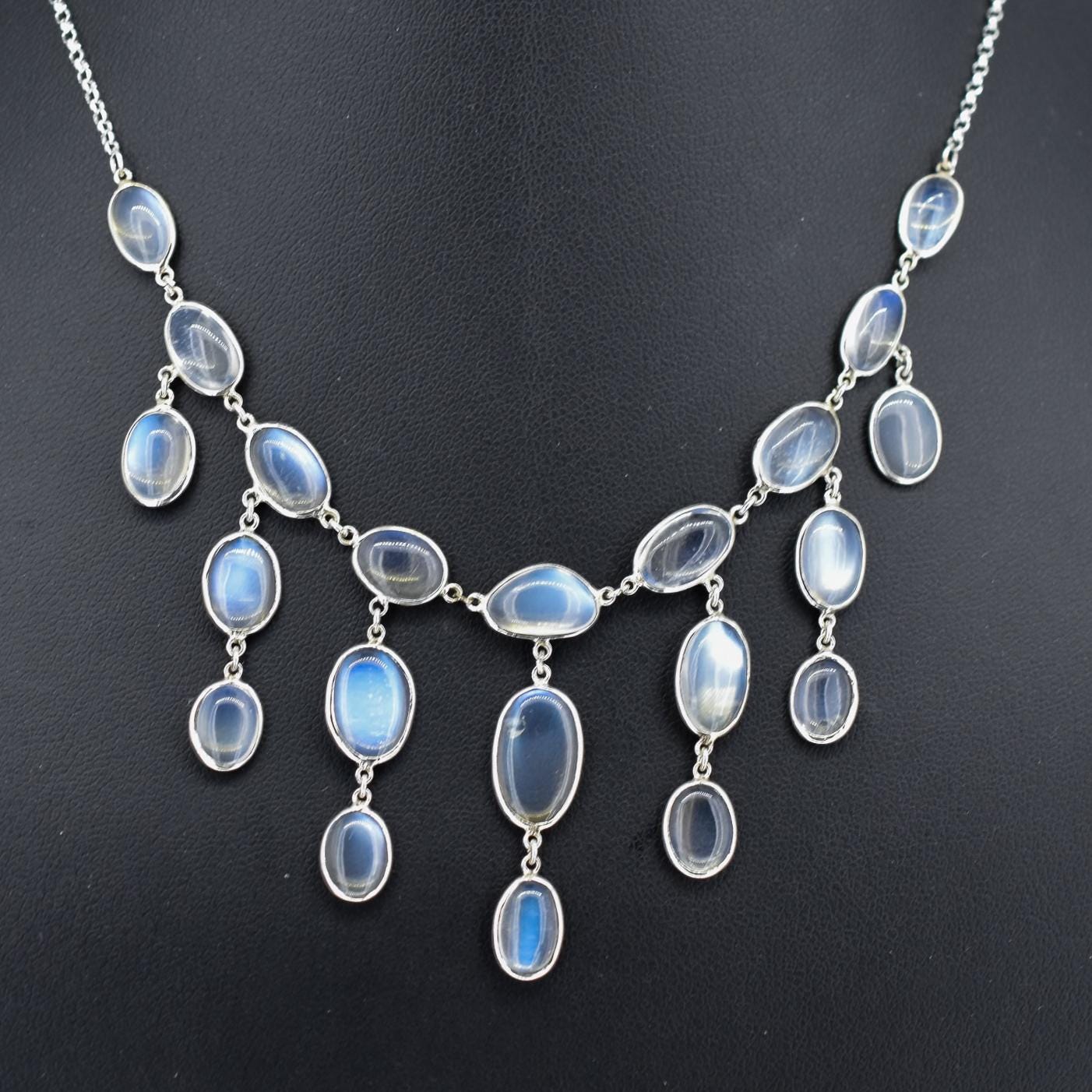 Antique Moonstone Silver Drop Fringe Festoon Necklace | 15.25"