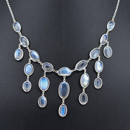Antique Moonstone Silver Drop Fringe Festoon Necklace | 15.25"