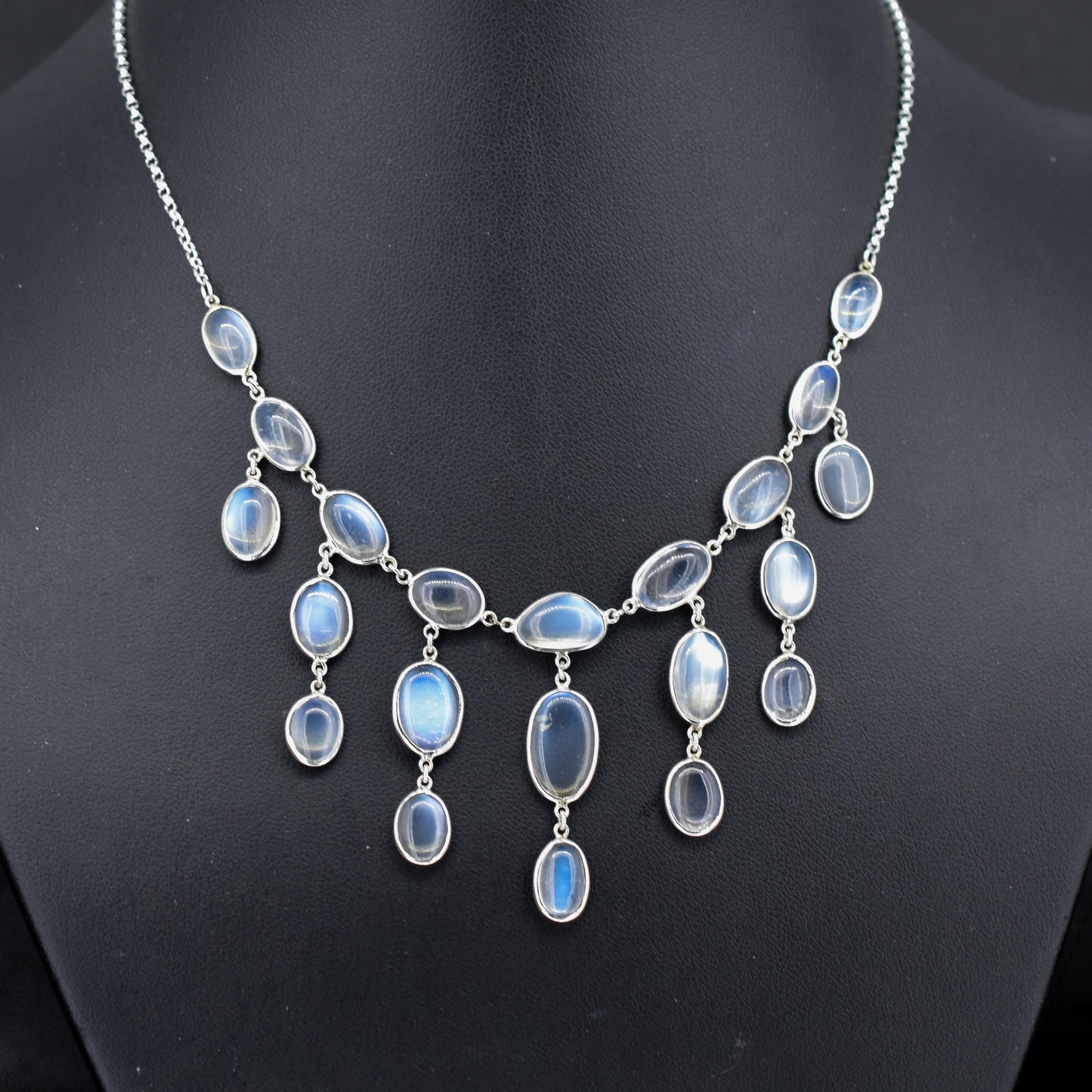 Antique Moonstone Silver Drop Fringe Festoon Necklace | 15.25"