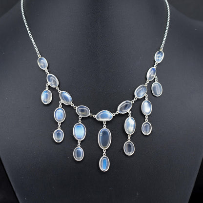 Antique Moonstone Silver Drop Fringe Festoon Necklace | 15.25"