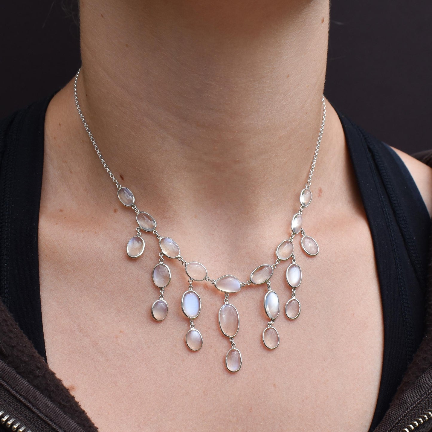 Antique Moonstone Silver Drop Fringe Festoon Necklace | 15.25"