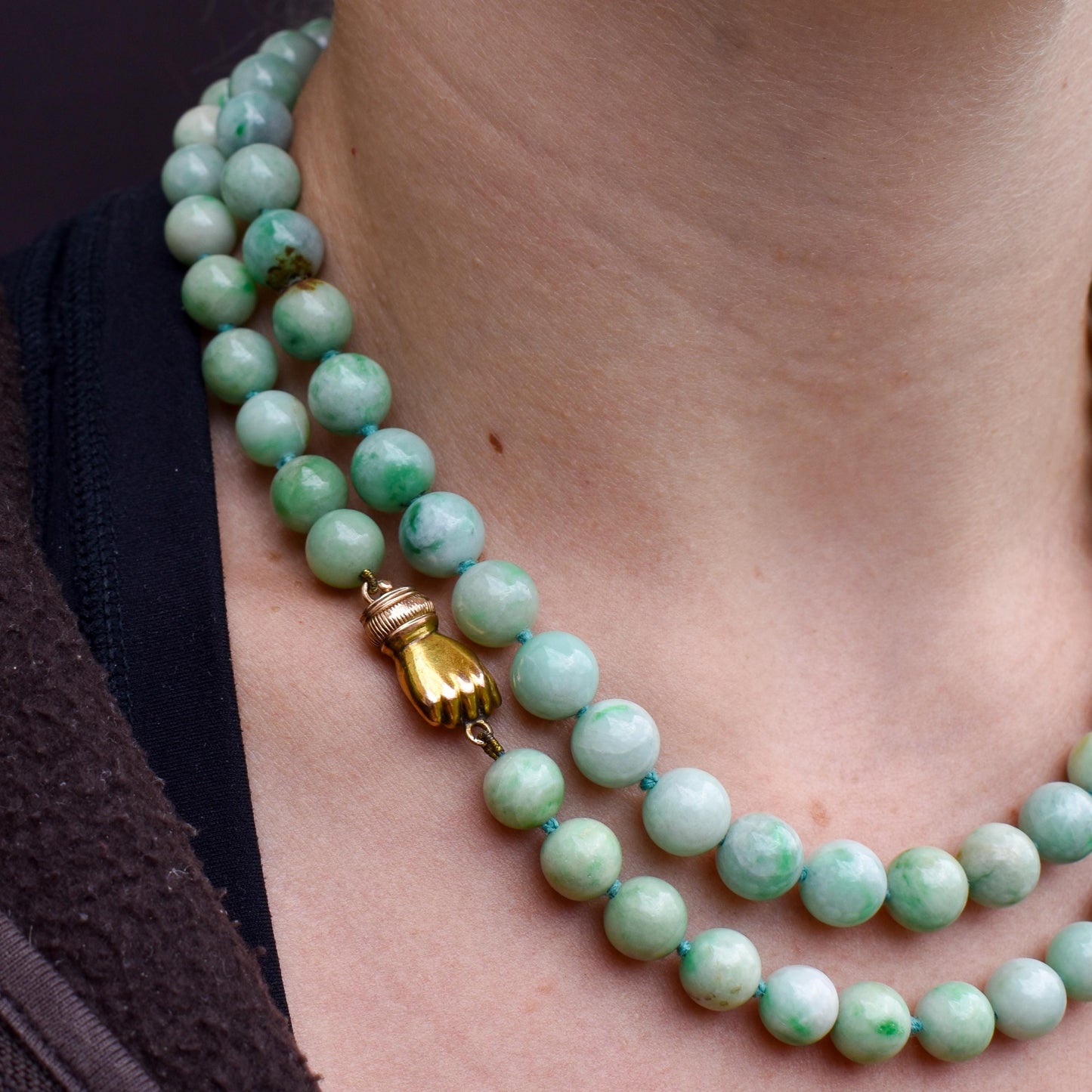 Antique Jade Beaded Strand Necklace with Figa Hand Clasp | 35"