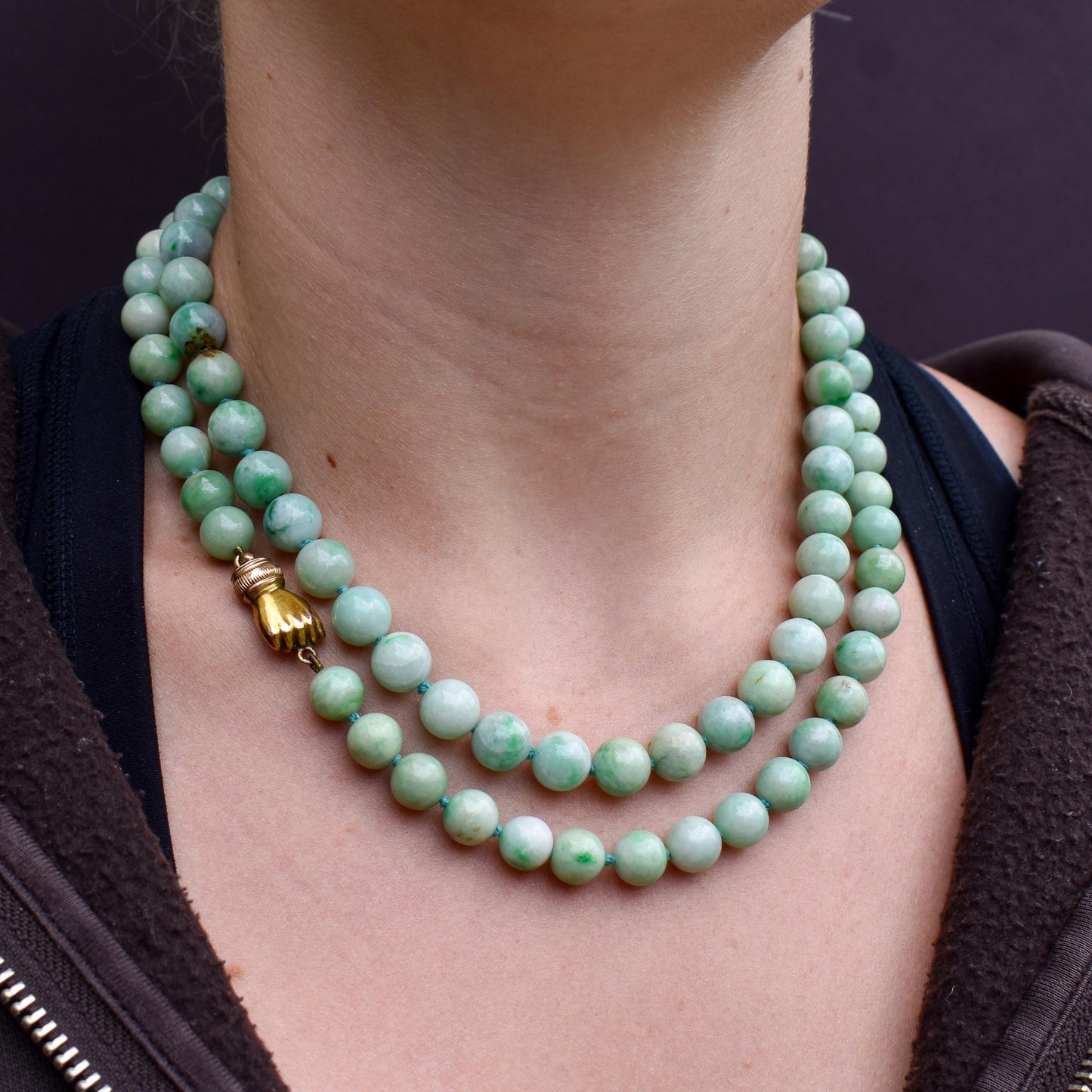 Antique Jade Beaded Strand Necklace with Figa Hand Clasp | 35"