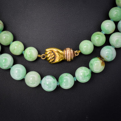 Antique Jade Beaded Strand Necklace with Figa Hand Clasp | 35"