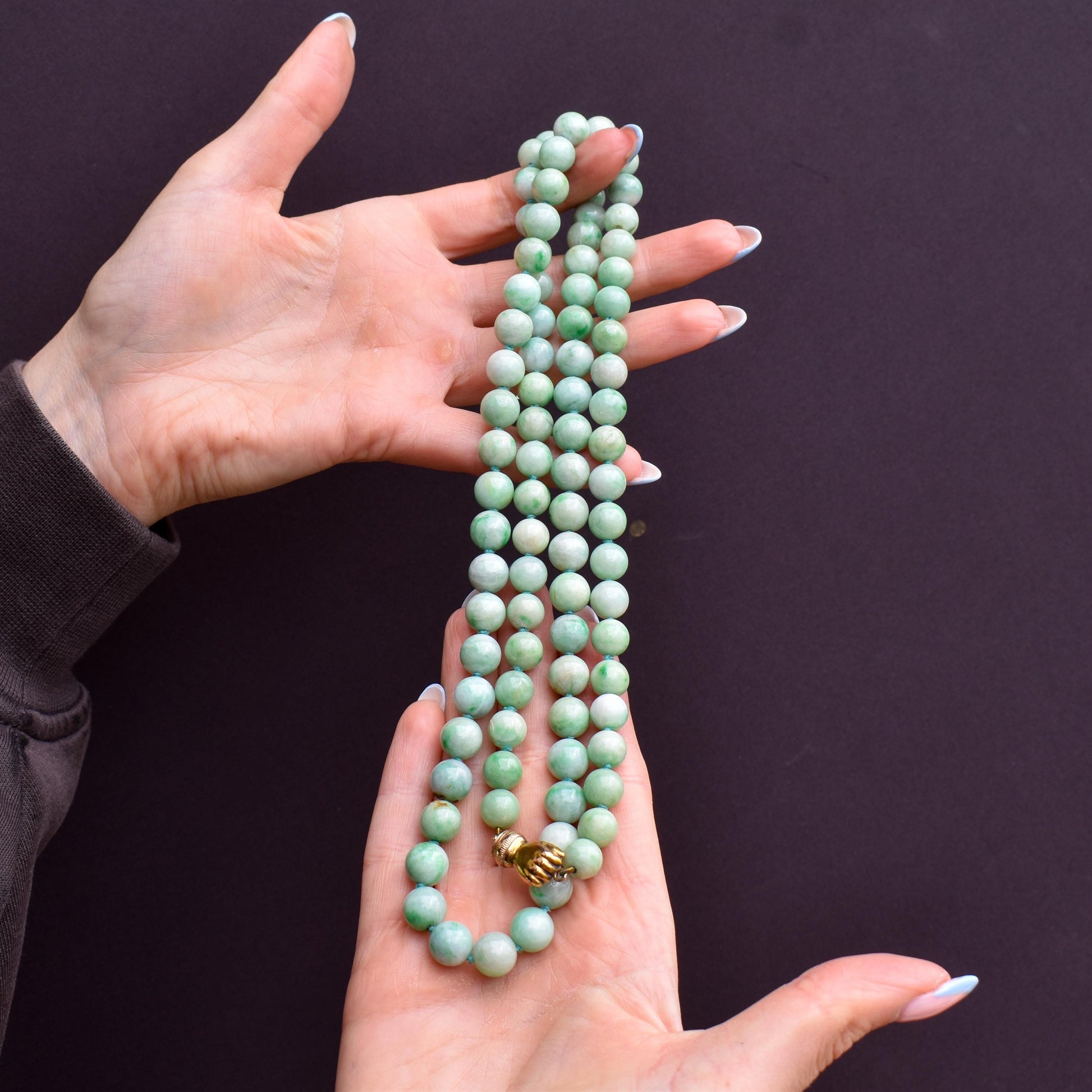 Antique Jade Beaded Strand Necklace with Figa Hand Clasp | 35"