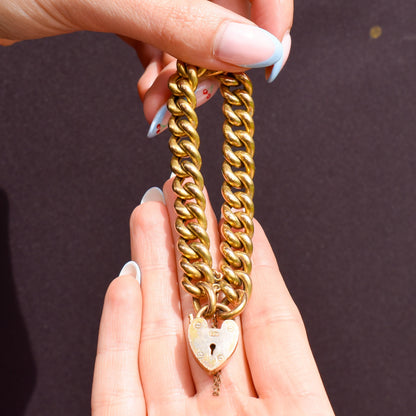 Antique Heart Padlock Curb Link Rolled Gold Bracelet