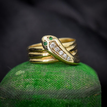 Vintage Diamond and Emerald Snake Serpent 9ct Gold Band Ring | Dated 1990