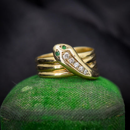 Vintage Diamond and Emerald Snake Serpent 9ct Gold Band Ring | Dated 1990