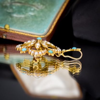 Antique Boxed Turquoise and Pearl 15ct Gold Pendant and Brooch