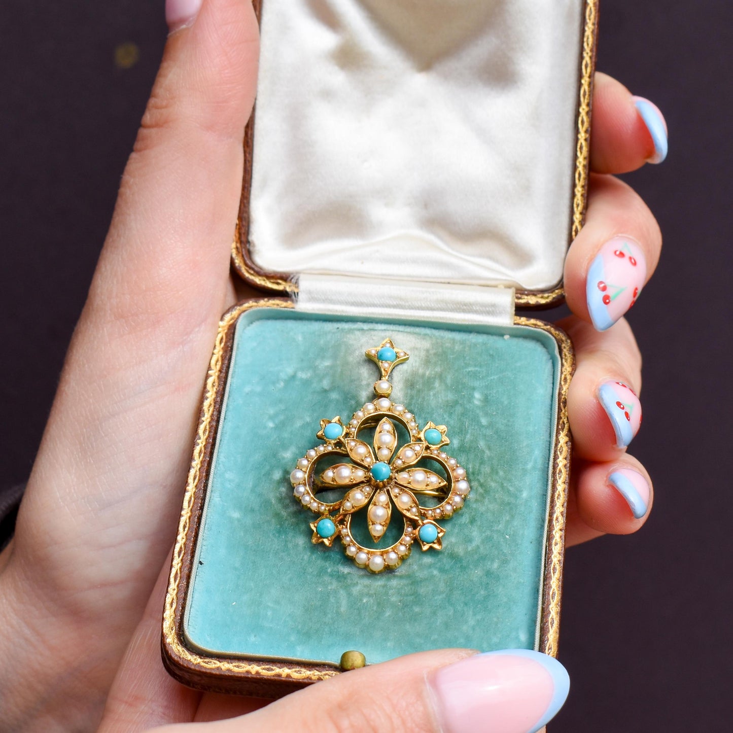 Antique Boxed Turquoise and Pearl 15ct Gold Pendant and Brooch