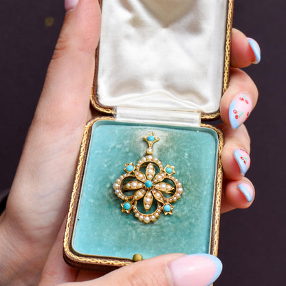 Antique Boxed Turquoise and Pearl 15ct Gold Pendant and Brooch