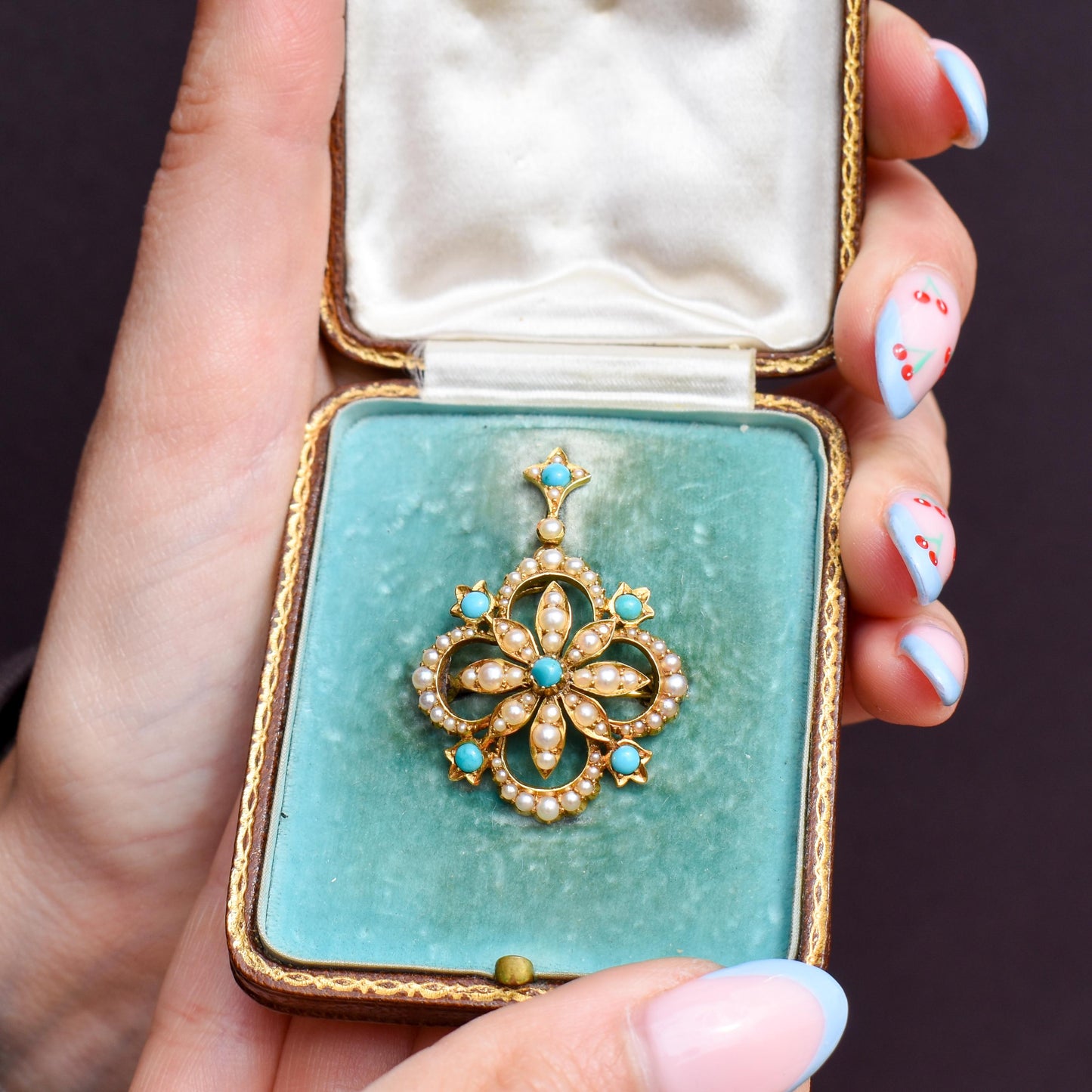 Antique Boxed Turquoise and Pearl 15ct Gold Pendant and Brooch
