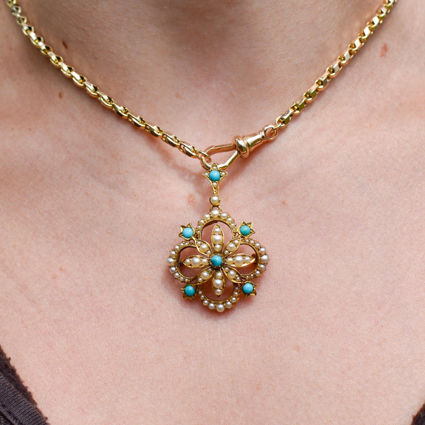 Antique Boxed Turquoise and Pearl 15ct Gold Pendant and Brooch