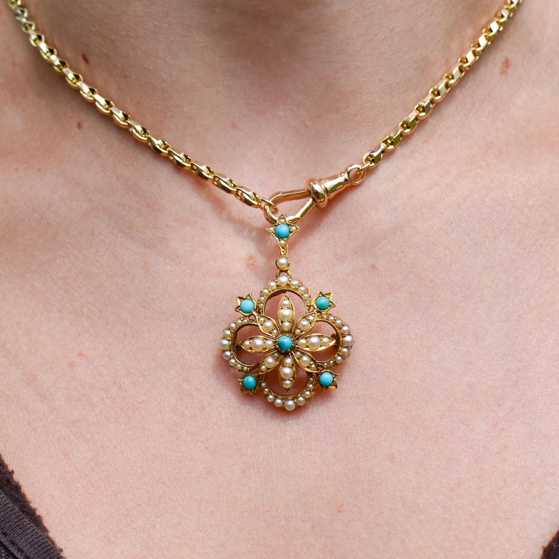 Antique Boxed Turquoise and Pearl 15ct Gold Pendant and Brooch