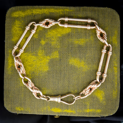 Antique 9ct Gold Heavy Trombone and Love Knot Link Bracelet with Dog Clip 8.25"