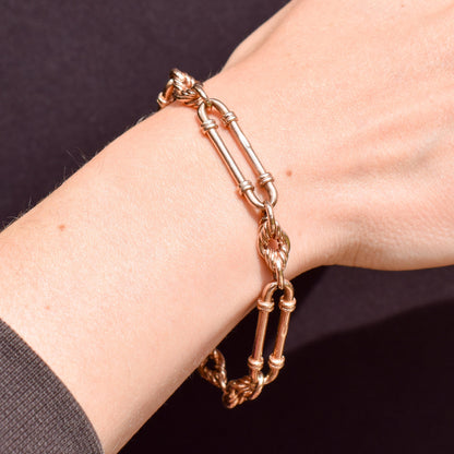 Antique 9ct Gold Heavy Trombone and Love Knot Link Bracelet with Dog Clip 8.25"