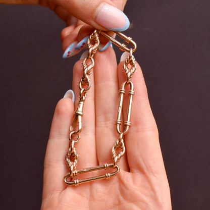 Antique 9ct Gold Heavy Trombone and Love Knot Link Bracelet with Dog Clip 8.25"