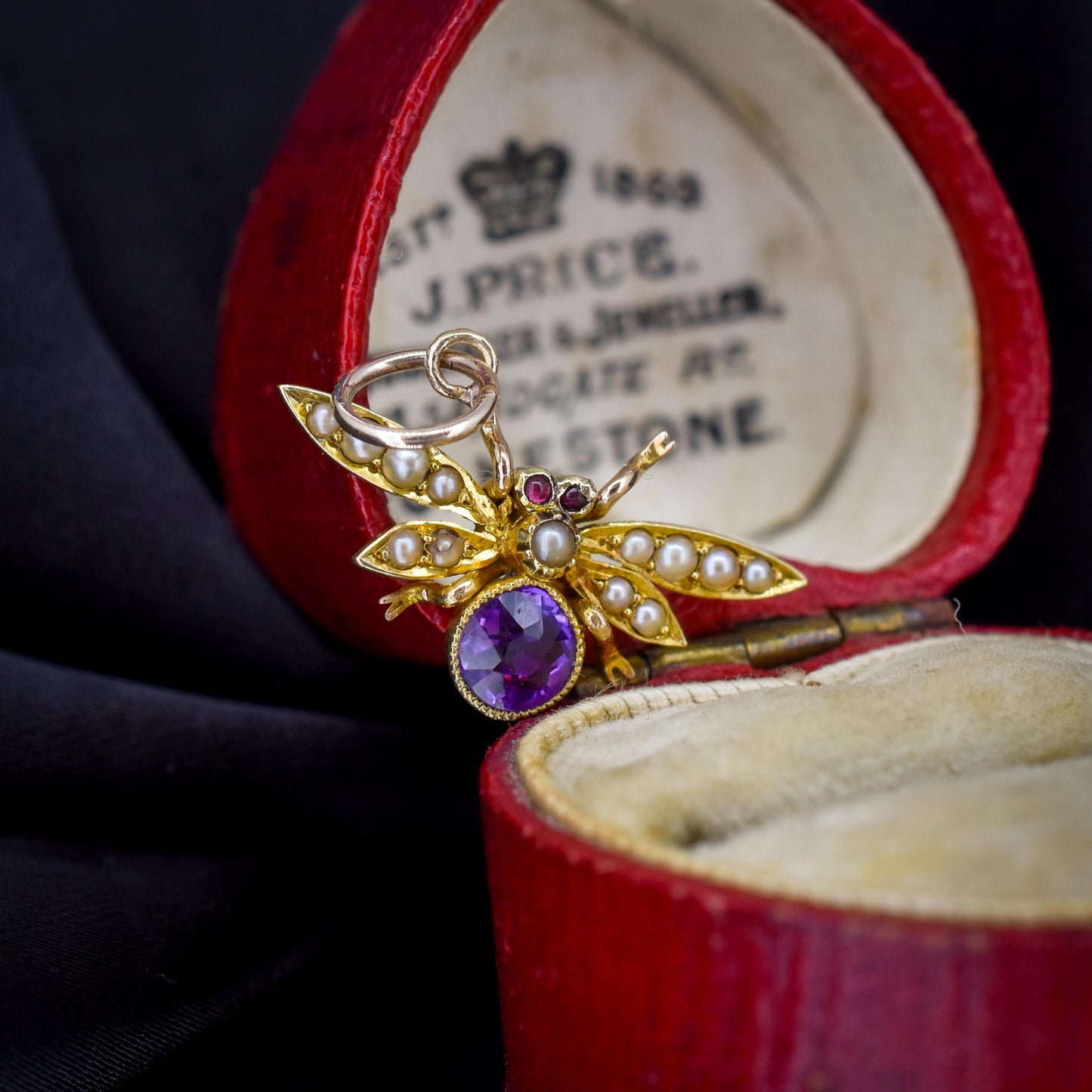 Antique 15ct Gold Amethyst and Pearl Insect Fly Charm Pendant