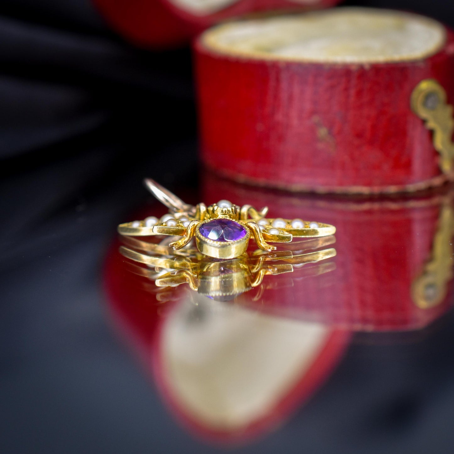 Antique 15ct Gold Amethyst and Pearl Insect Fly Charm Pendant