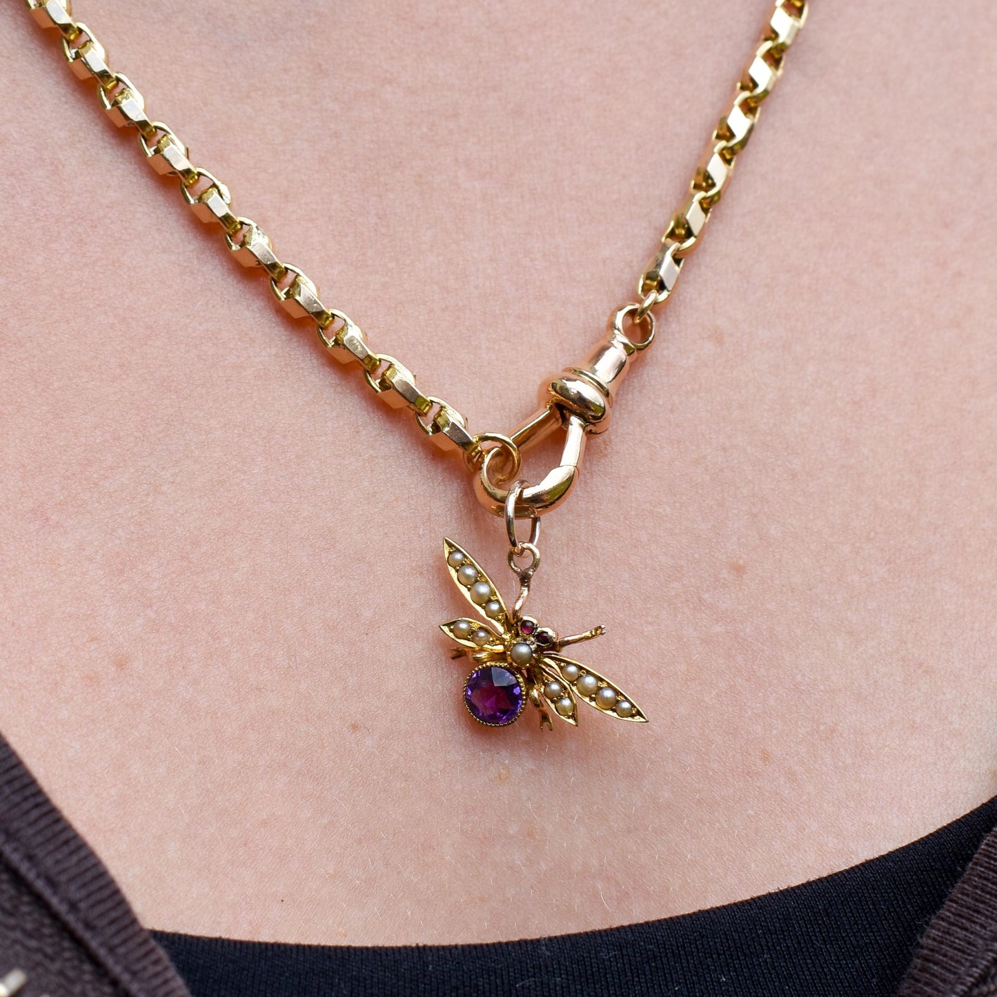 Antique 15ct Gold Amethyst and Pearl Insect Fly Charm Pendant