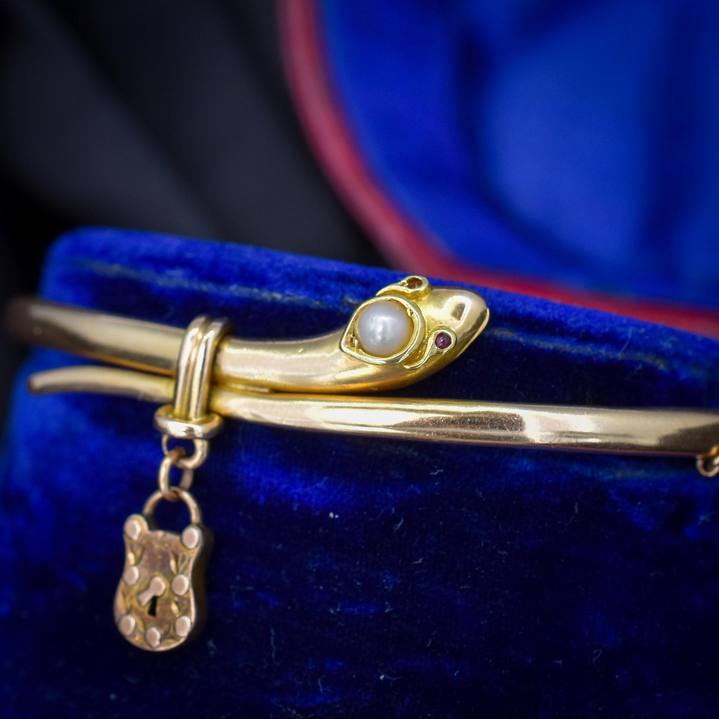 Antique Boxed 15ct Gold Pearl Snake Serpent Bangle Bracelet