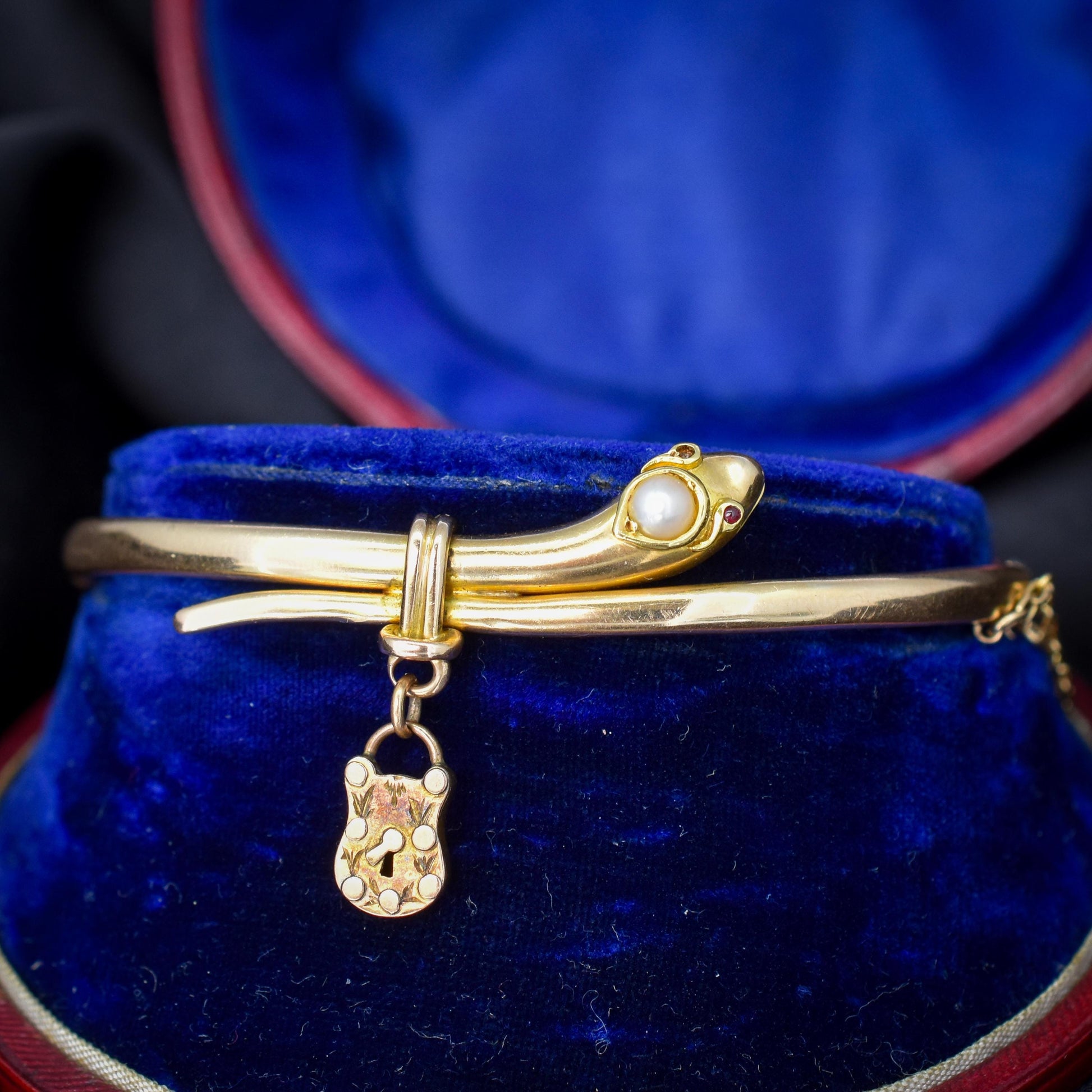 Antique Boxed 15ct Gold Pearl Snake Serpent Bangle Bracelet