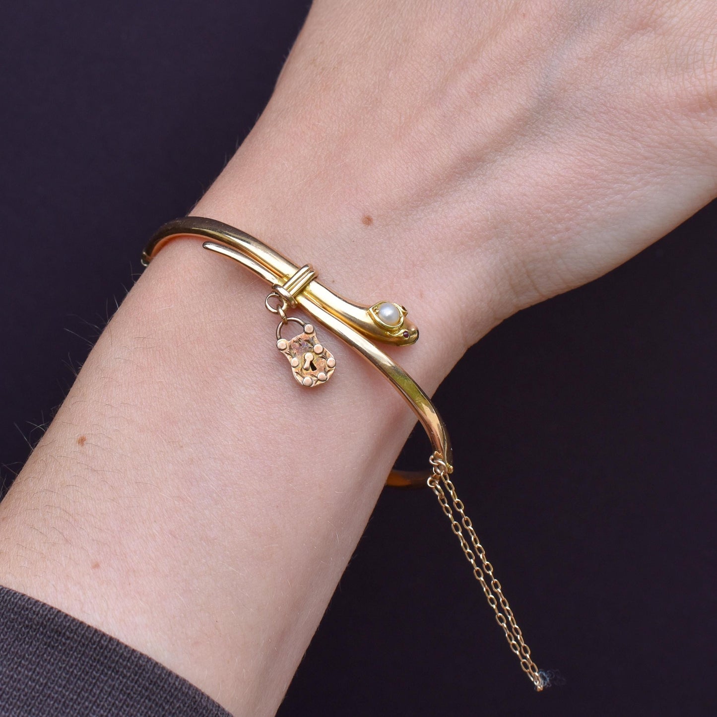 Antique Boxed 15ct Gold Pearl Snake Serpent Bangle Bracelet