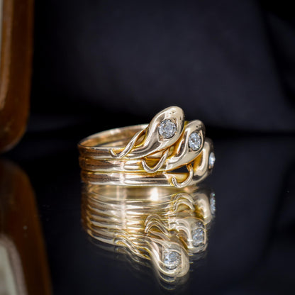 Antique Old Cut Diamond Triple Snake Serpent 9ct Gold Band Ring