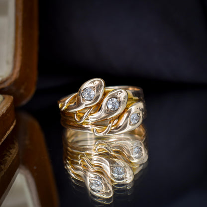 Antique Old Cut Diamond Triple Snake Serpent 9ct Gold Band Ring