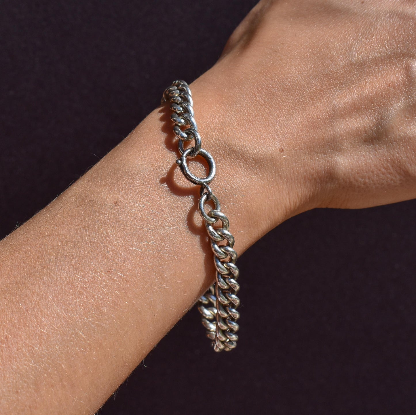 Antique Uniform Curb Sterling Silver Bracelet with Bolt ring | 8.25"