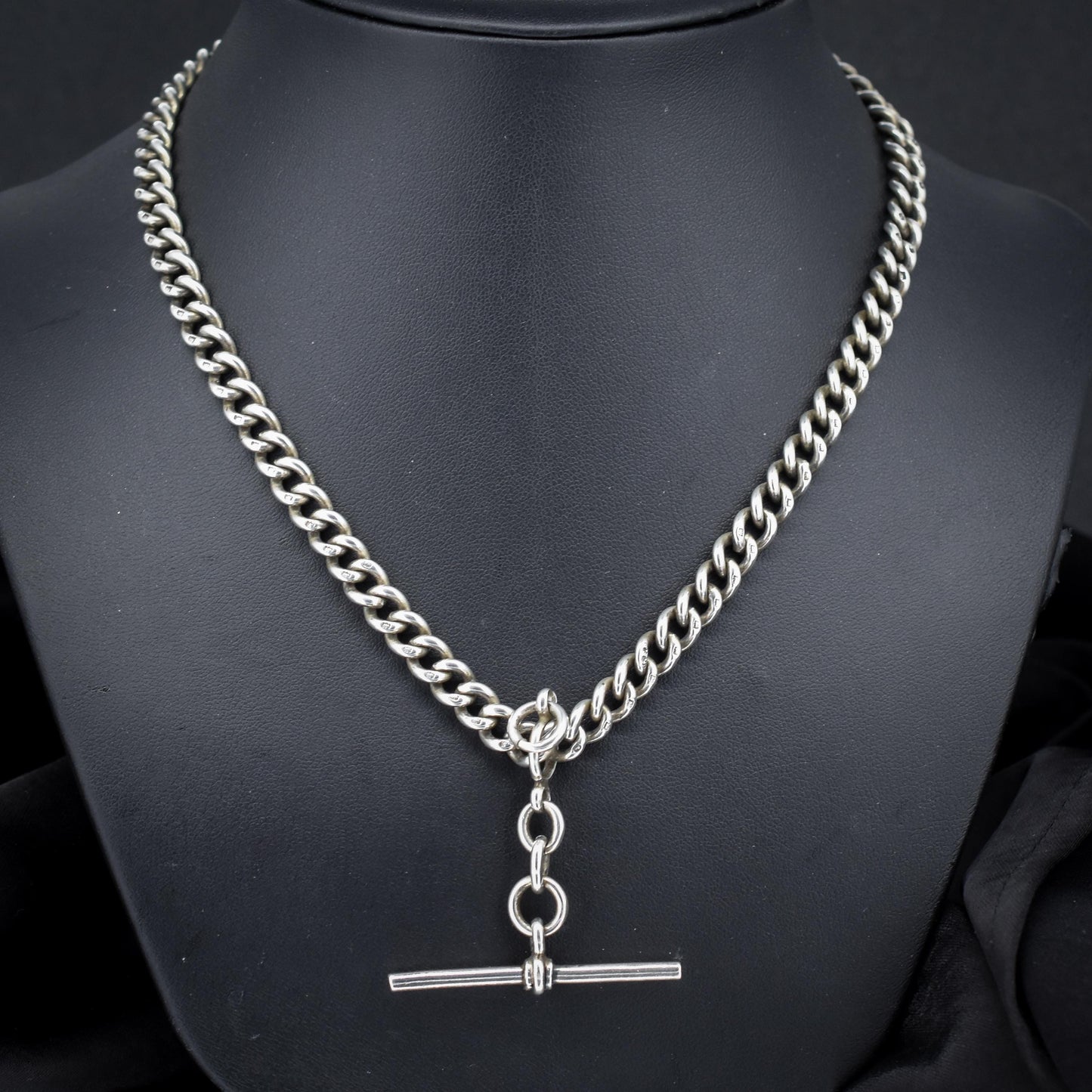 Antique 19" Sterling Silver Uniform Curb Link Double Albert Watch Chain
