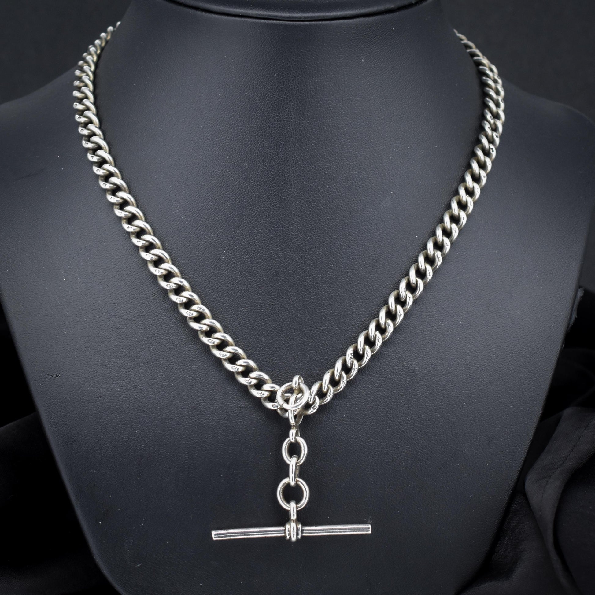 Antique 19" Sterling Silver Uniform Curb Link Double Albert Watch Chain