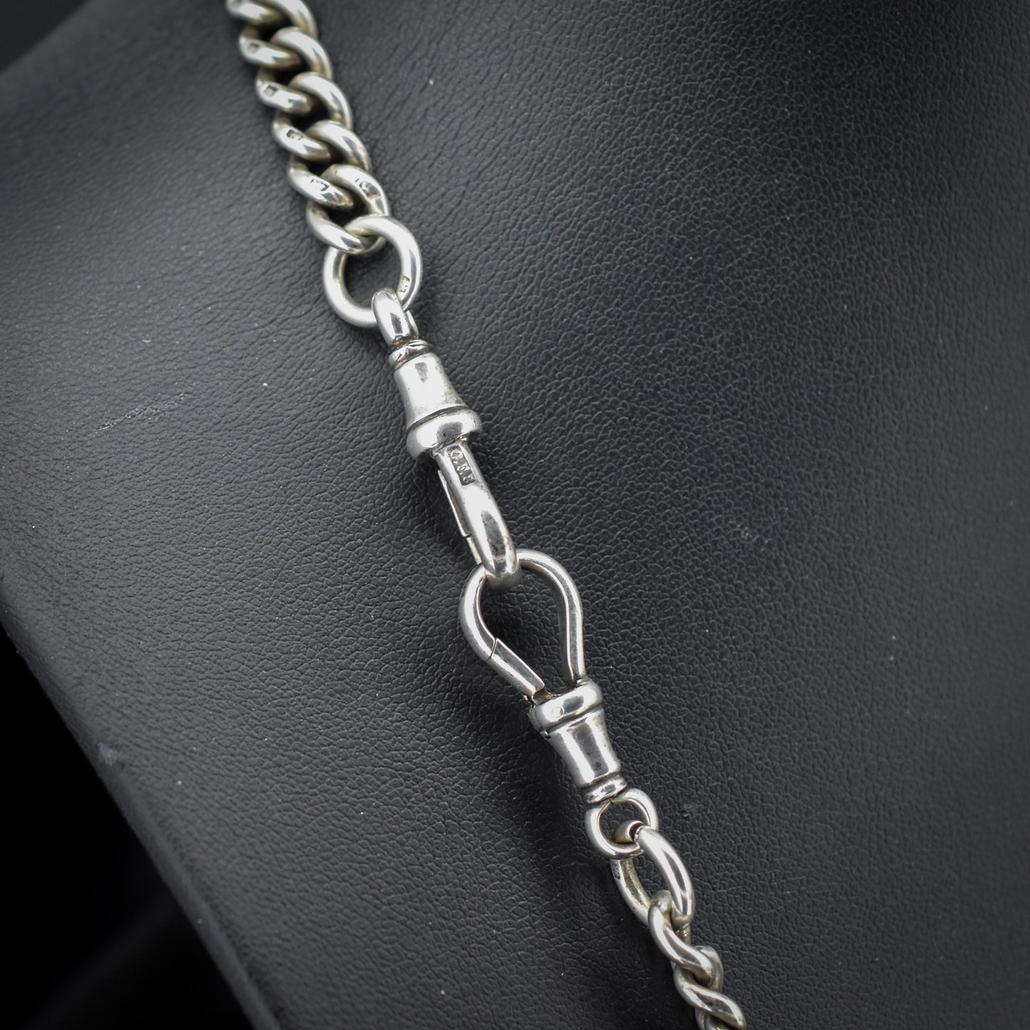 Antique 19" Sterling Silver Uniform Curb Link Double Albert Watch Chain