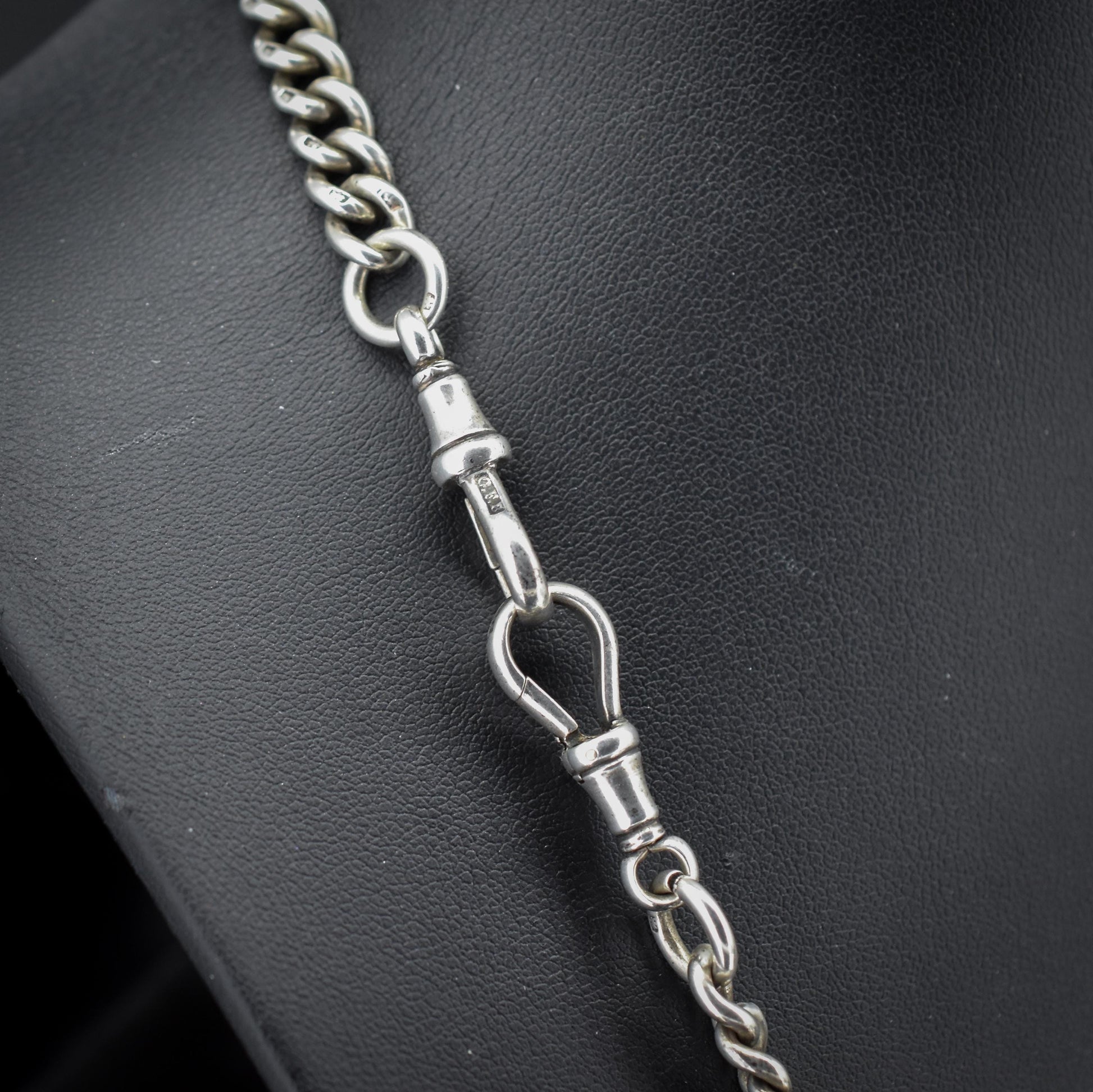 Antique 19" Sterling Silver Uniform Curb Link Double Albert Watch Chain