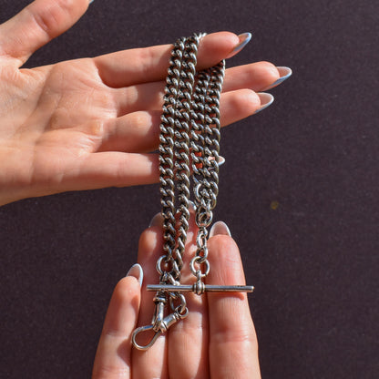 Antique 19" Sterling Silver Uniform Curb Link Double Albert Watch Chain