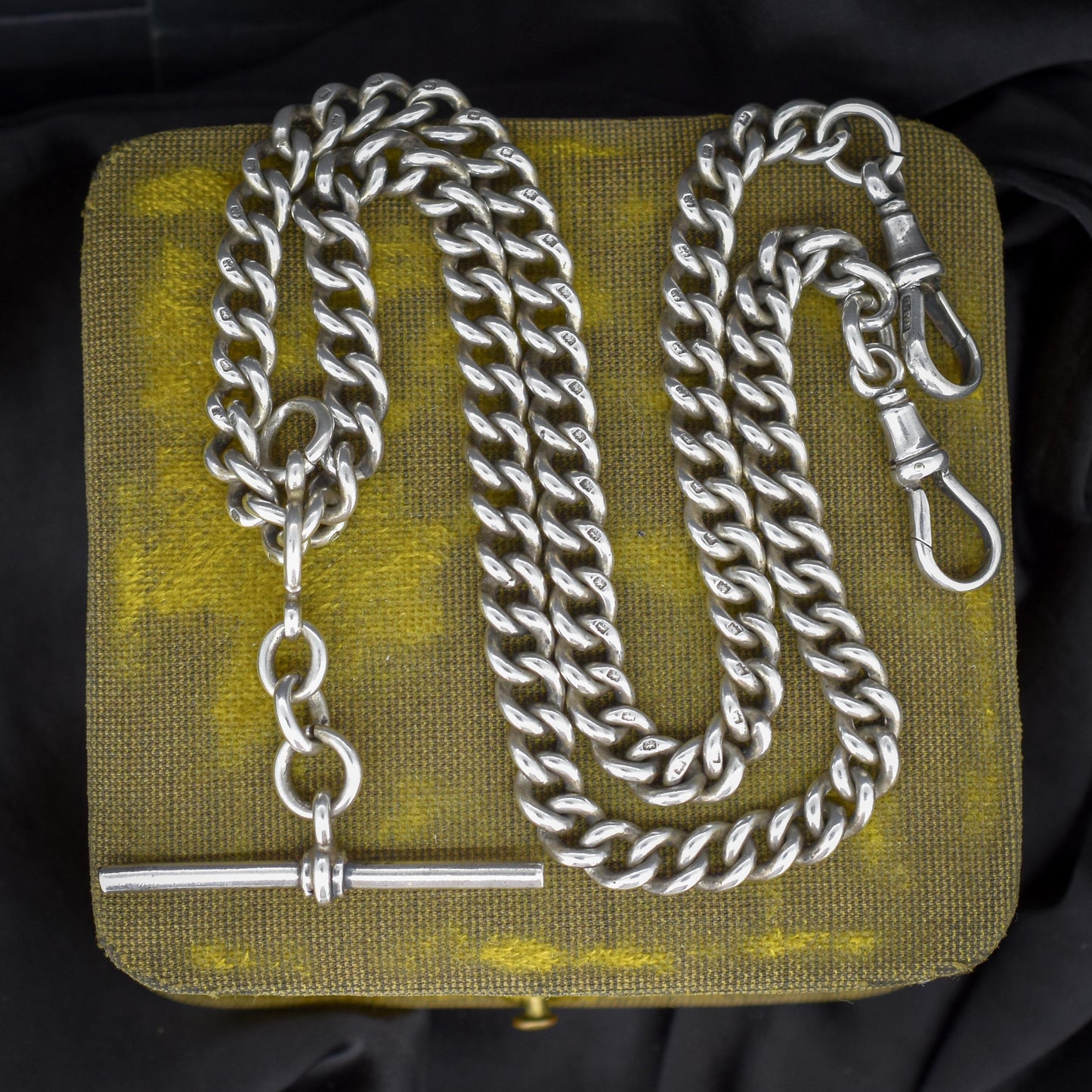 Antique 19" Sterling Silver Uniform Curb Link Double Albert Watch Chain