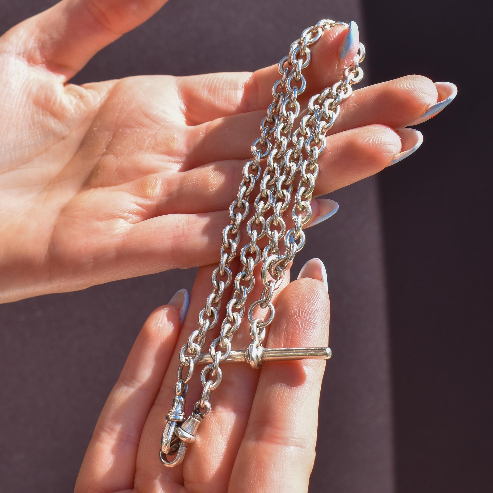 Vintage Sterling Silver Oval Cable Link Watch Chain Necklace with T-Bar and Dog Clips – 16.5"