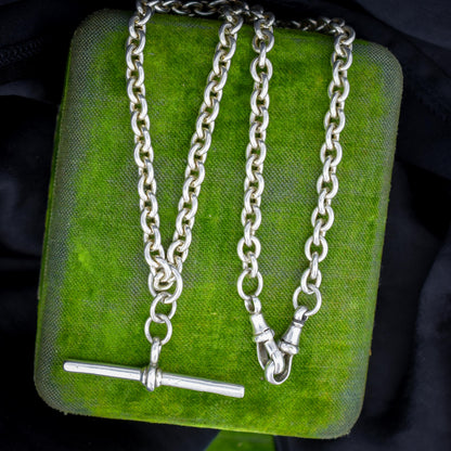 Vintage Sterling Silver Oval Cable Link Watch Chain Necklace with T-Bar and Dog Clips – 16.5"