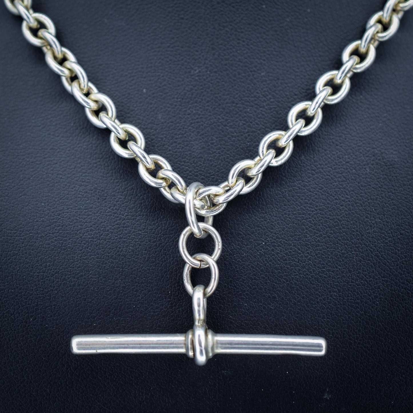 Vintage Sterling Silver Oval Cable Link Watch Chain Necklace with T-Bar and Dog Clips – 16.5"