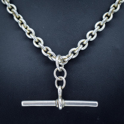 Vintage Sterling Silver Oval Cable Link Watch Chain Necklace with T-Bar and Dog Clips – 16.5"